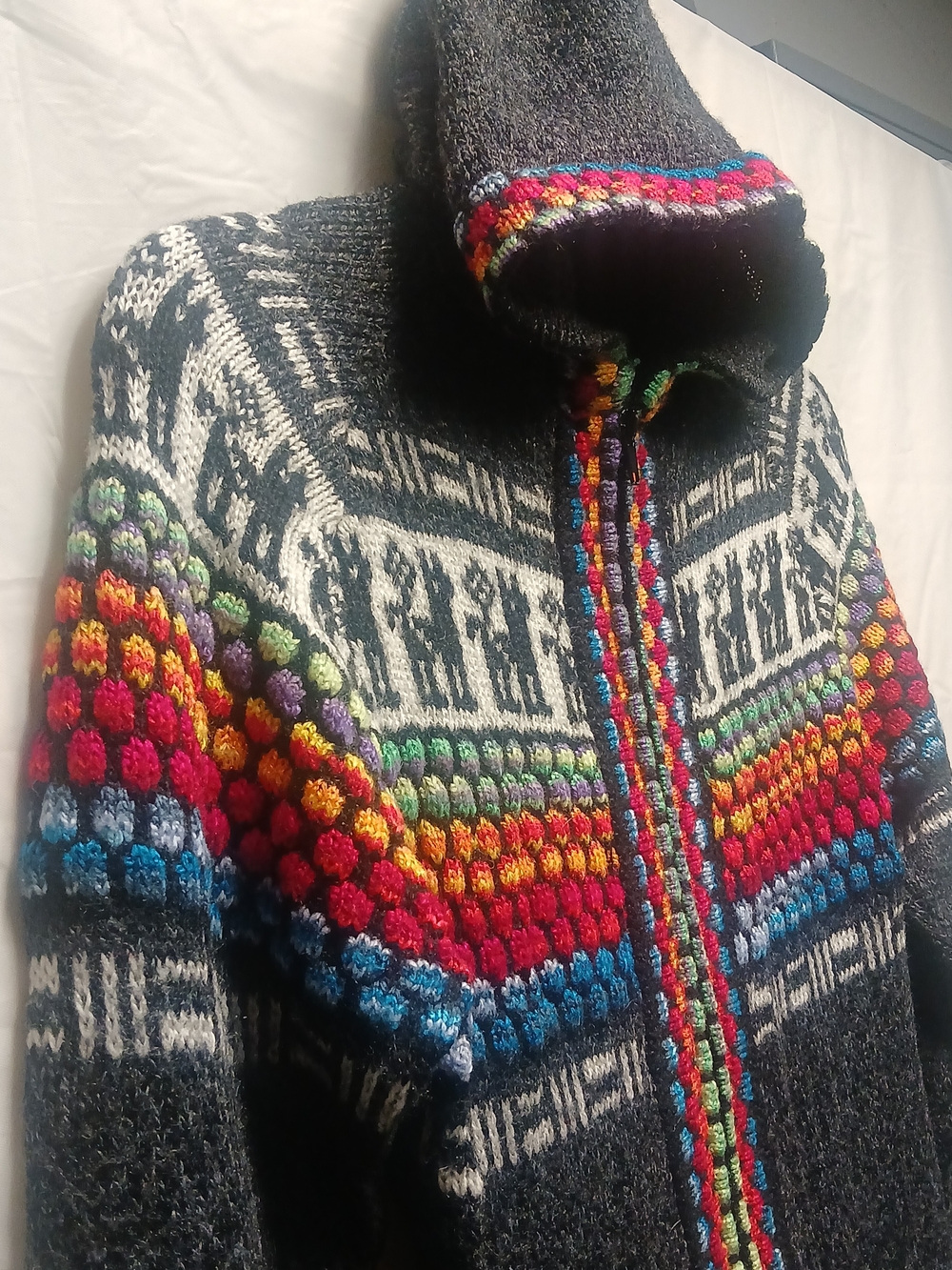 Charcoal Hooded Zip Front Sweater with Multicolor Fair Isle Trim - Picture 4 of 11